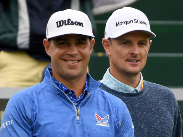 Gary Woodland e Justin Rose sul tee della 1 all'inizio del terzo giro dello U.S. Open 2019 a Pebble Beach