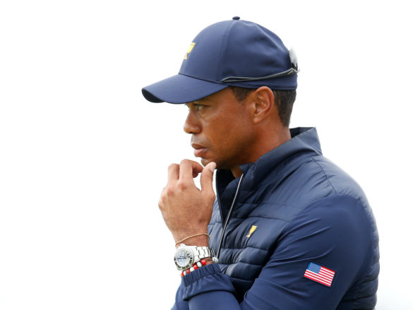 MELBOURNE, AUSTRALIA - DECEMBER 14: Playing Captain Tiger Woods of the United States team looks on during Saturday afternoon foursomes matches on day three of the 2019 Presidents Cup at Royal Melbourne Golf Course on December 14, 2019 in Melbourne, Australia. (Photo by Darrian Traynor/Getty Images)