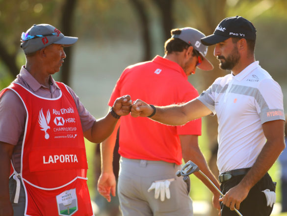 ABU DHABI, UNITED ARAB EMIRATES - JANUARY 18: Francesco Laporta of Italy reacts with his caddie on the 18th green during Day Three of the Abu Dhabi HSBC Championship at Abu Dhabi Golf Club on January 18, 2020 in Abu Dhabi, United Arab Emirates. (Photo by Warren Little/Getty Images)