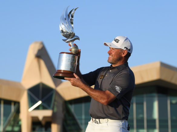 ABU DHABI, UNITED ARAB EMIRATES - JANUARY 19: Lee Westwood of England celebrates with the trophy after the final round of the Abu Dhabi HSBC Championship at Abu Dhabi Golf Club on January 19, 2020 in Abu Dhabi, United Arab Emirates. (Photo by Ross Kinnaird/Getty Images)