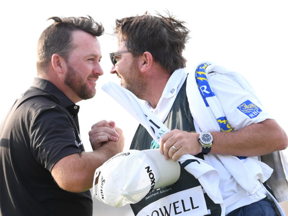 KING ABDULLAH ECONOMIC CITY, SAUDI ARABIA - FEBRUARY 02: Graeme McDowell of Northern Ireland celebrates with his caddie during Day 4 of the Saudi International at Royal Greens Golf and Country Club on February 02, 2020 in King Abdullah Economic City, Saudi Arabia. (Photo by Ross Kinnaird/Getty Images)