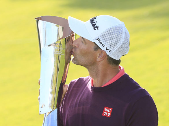 PACIFIC PALISADES, CALIFORNIA - FEBRUARY 16: Adam Scott of Australia poses with the trophy after winning the Genesis Invitational on February 16, 2020 in Pacific Palisades, California. (Photo by Chris Trotman/Getty Images)