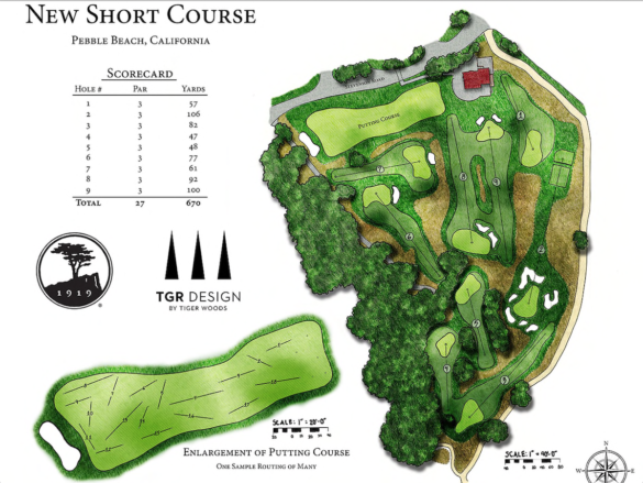 Il disegno del nuovo percorso a nove buche pitch & putt che Tiger Woods sta realizzando a Pebble Beach