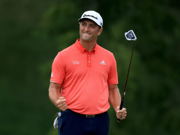 DUBLIN, OHIO - JULY 19: Jon Rahm of Spain celebrates on the 18th green after winning during the final round of The Memorial Tournament on July 19, 2020 at Muirfield Village Golf Club in Dublin, Ohio. (Photo by Andy Lyons/Getty Images)