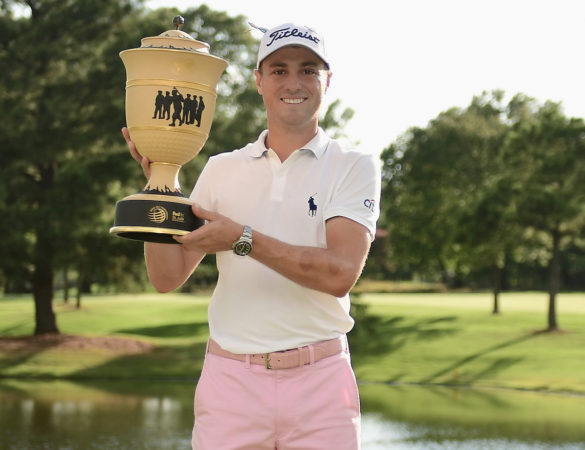MEMPHIS, TENNESSEE - AUGUST 02: Justin Thomas of the United States poses with the trophy after winning the World Golf Championship FedEx St Jude Invitational at TPC Southwind on August 02, 2020 in Memphis, Tennessee. (Photo by Stacy Revere/Getty Images)